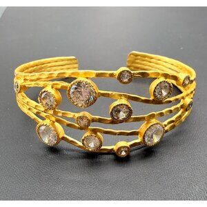 Hammered Gold-Tone Cuff Bracelet Rhinestone Adjustable Design